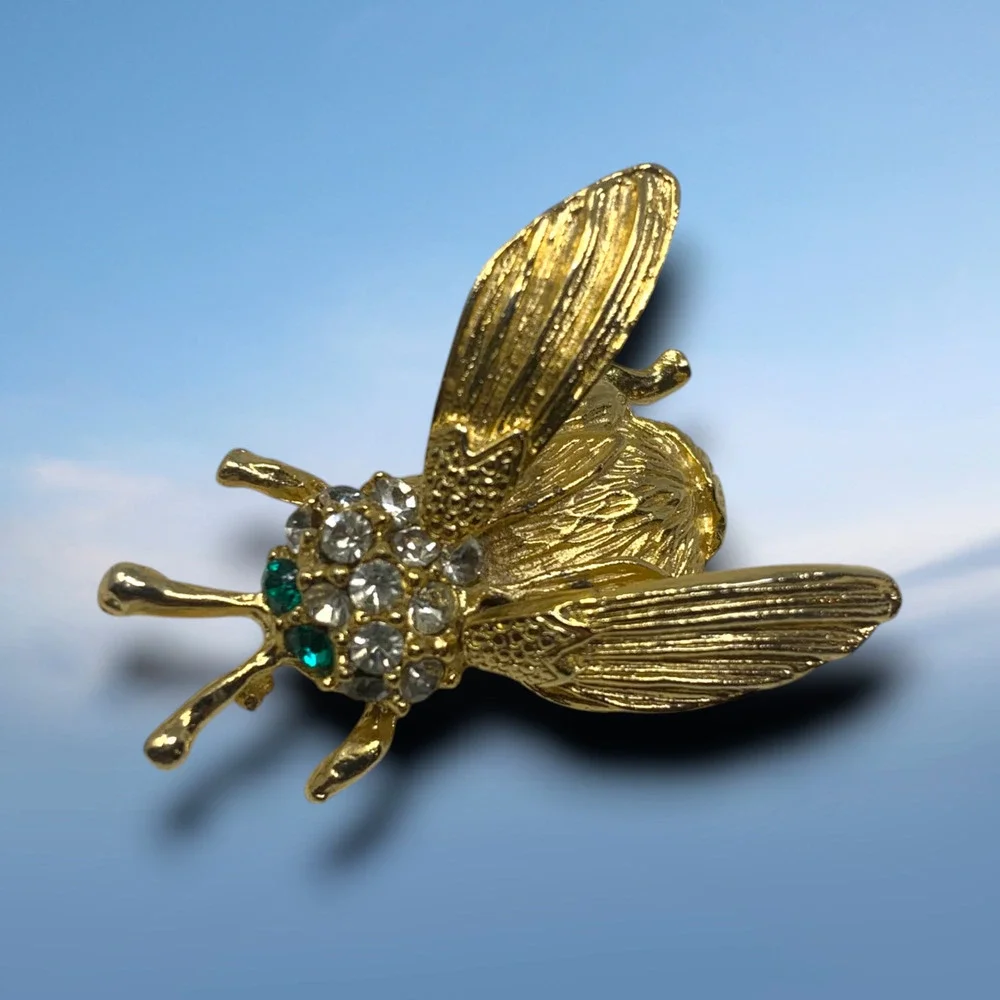 Vintage 1980's Flying Insect Crystal Eye Trembler Metal Brooch Pin Nature Lover